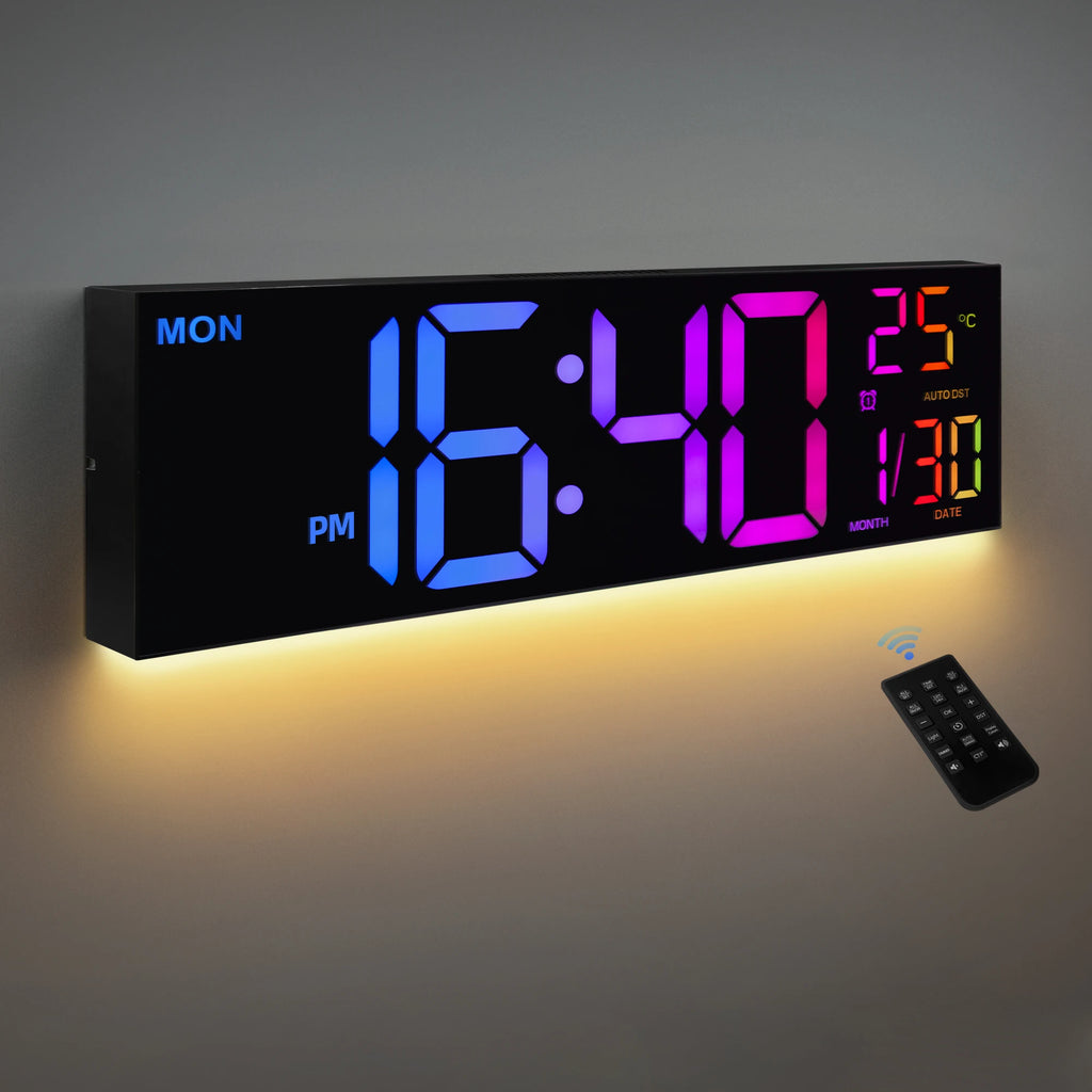 Digital wall clock with colorful display on a gray wall