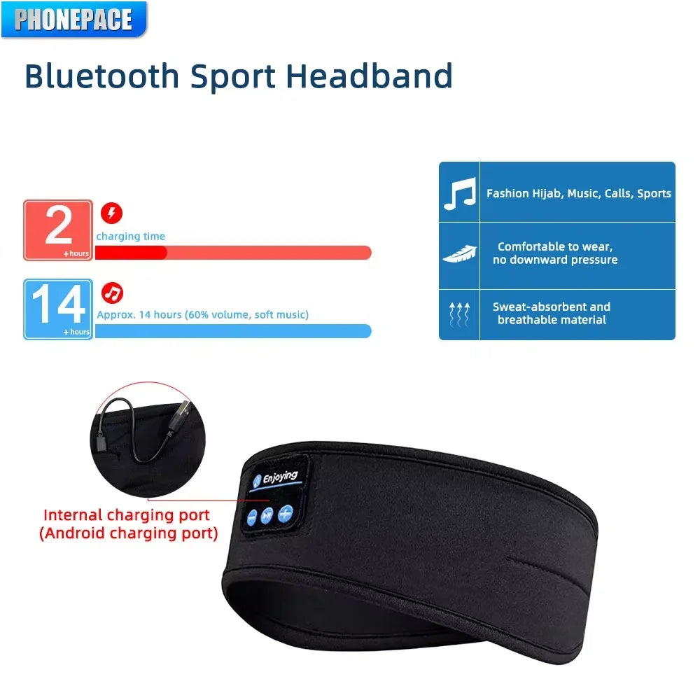 “Bluetooth sleep mask shown with smartphone connectivity for wireless music.”