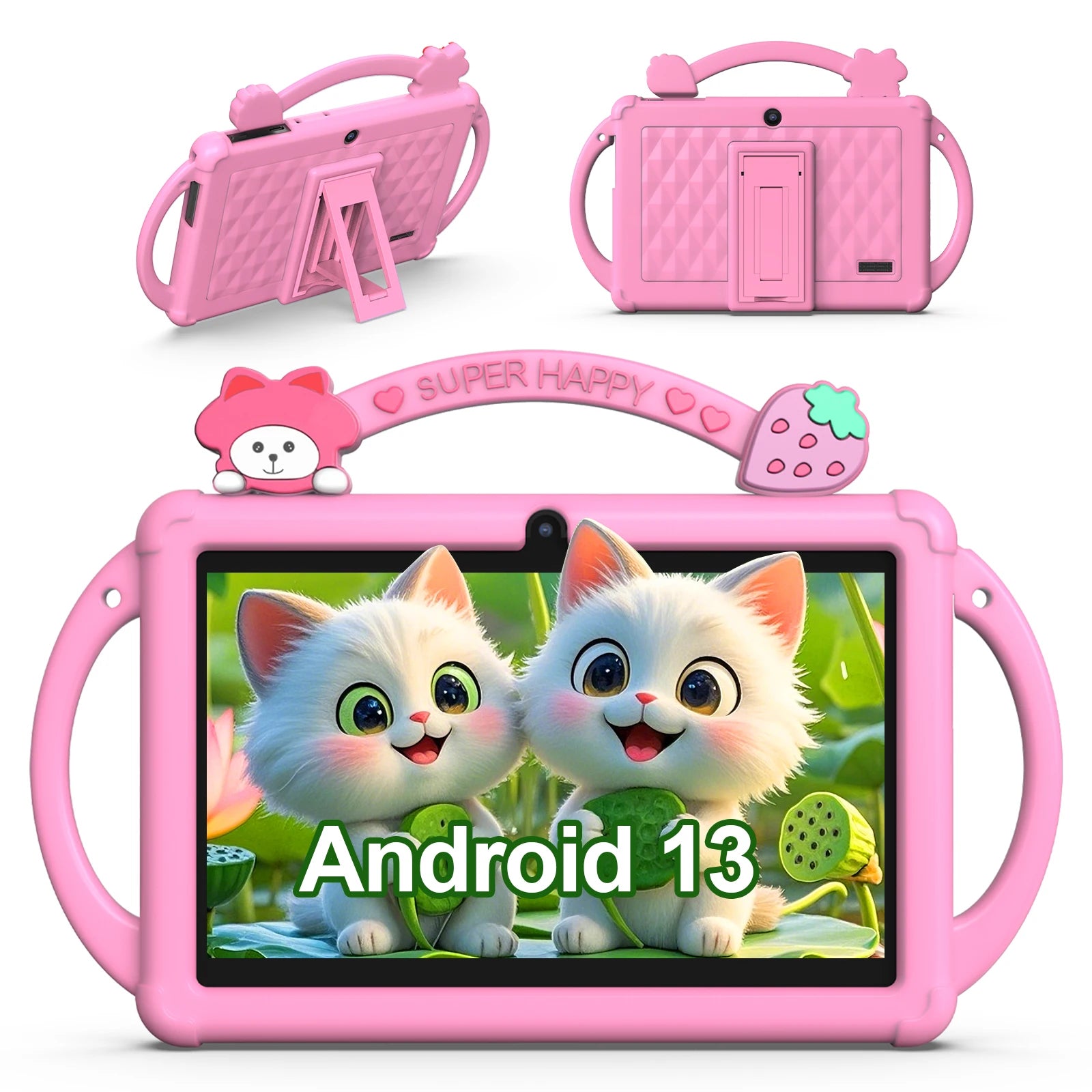 Pink children's tablet with cartoon cat design and 'Super Happy' handle on a white background
