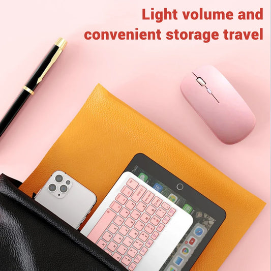Orange desk mat with phone, keyboard, mouse, and pen on a pink surface with text ‘Light volume and convenient storage travel’.