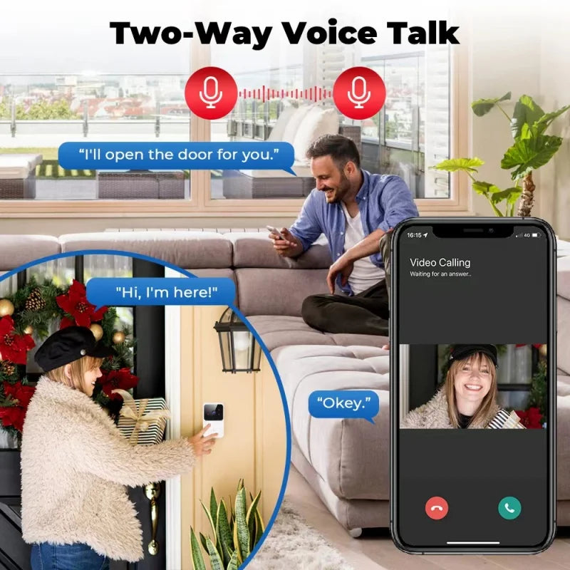 Two people using two-way voice talk on a smartphone in a living room setting.