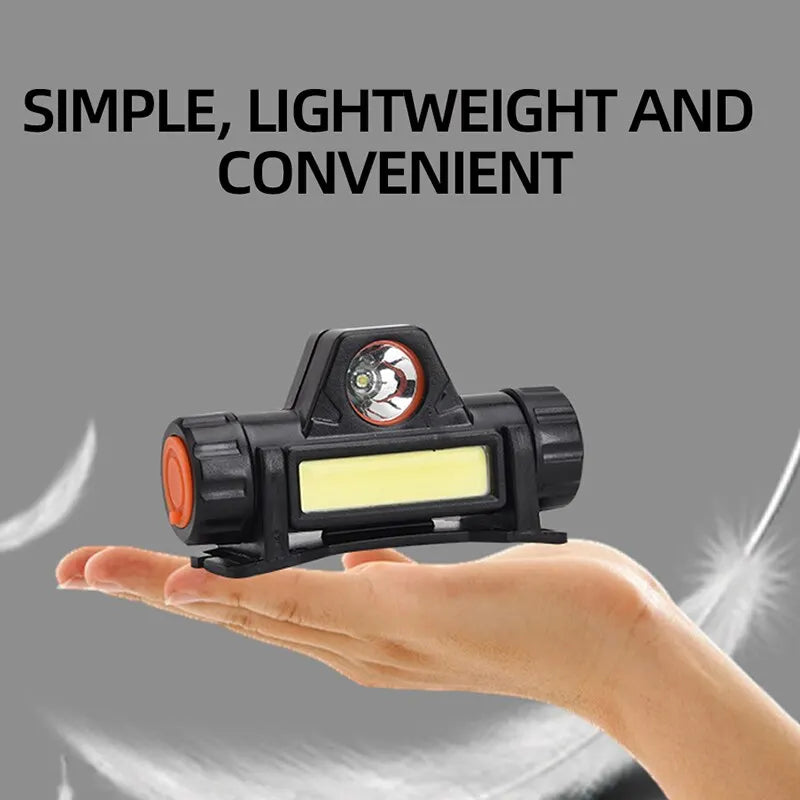 Handheld flashlight on a hand with text 'Simple, Lightweight and Convenient' on a gray background