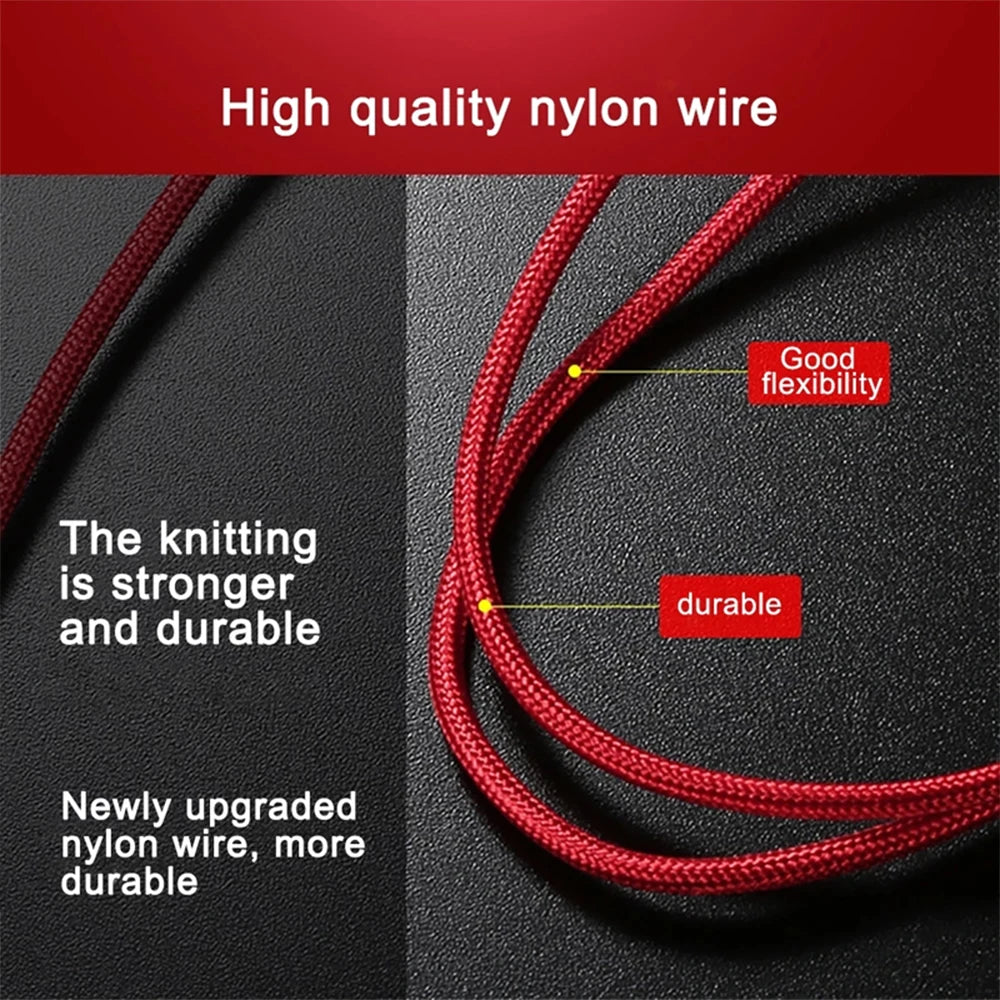 Red high-quality nylon wire on a black background with text highlighting its features.