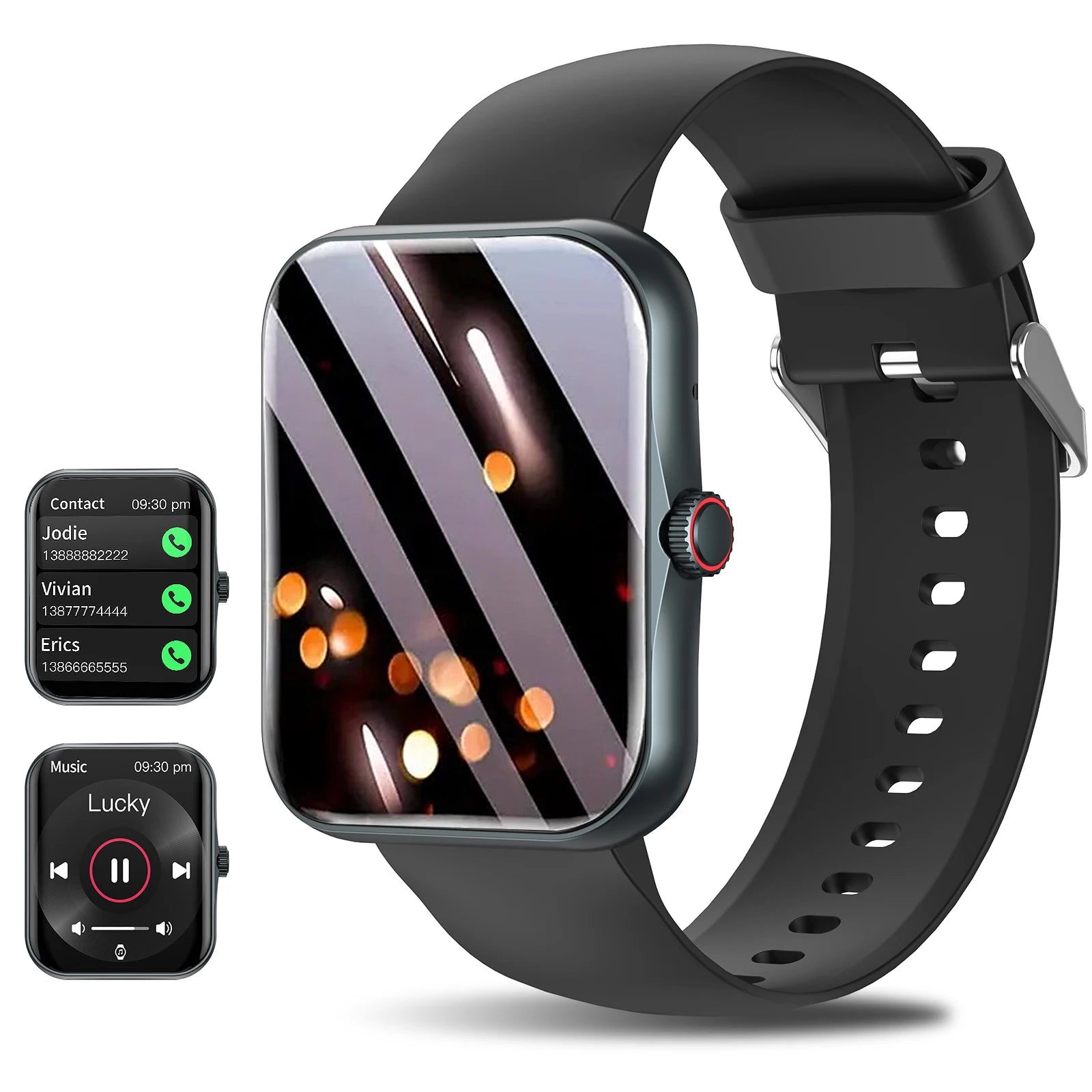 Lavender 1.83” HD touchscreen smartwatch showing fitness and music display on screen.