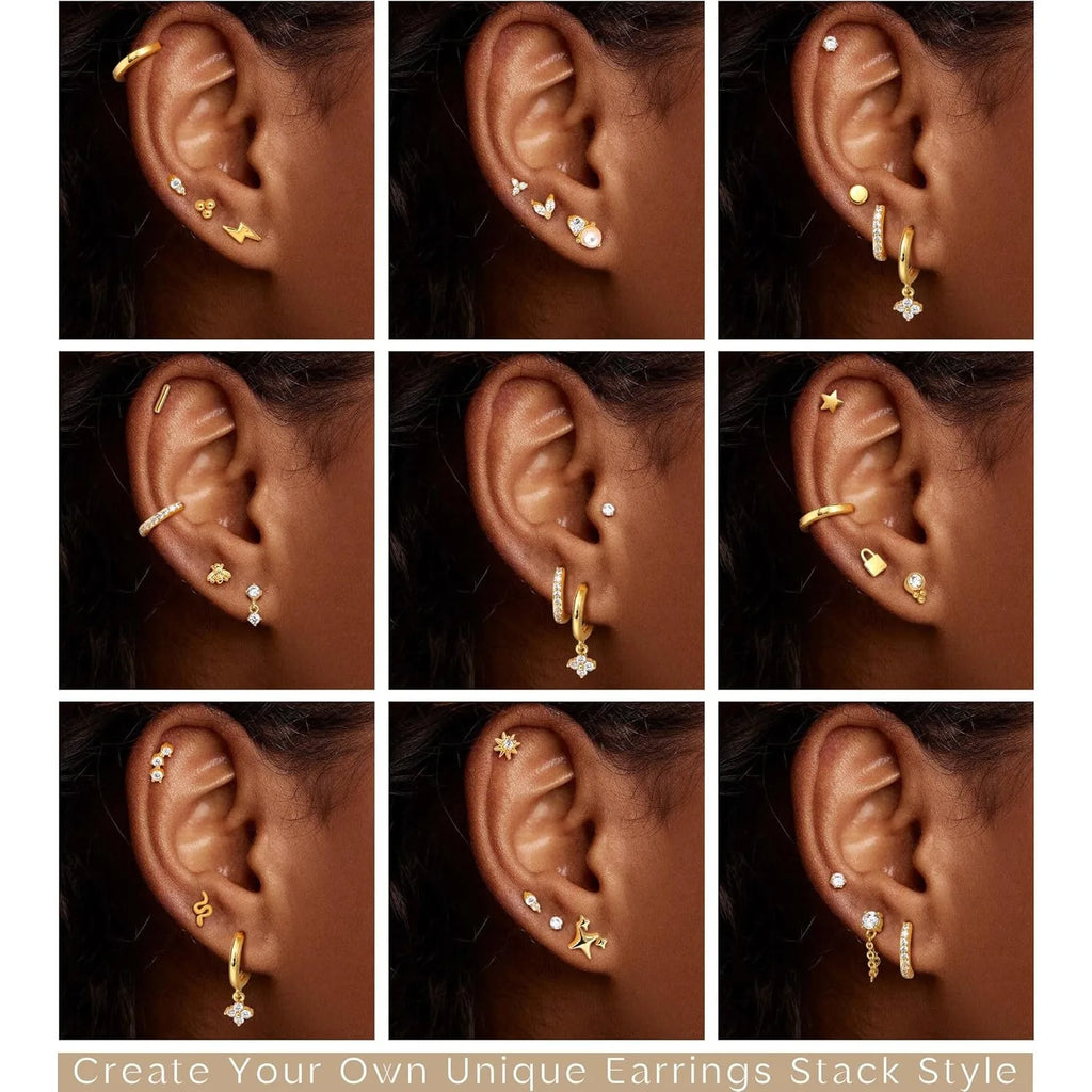Collage of multiple ears wearing various gold earrings on a plain background.