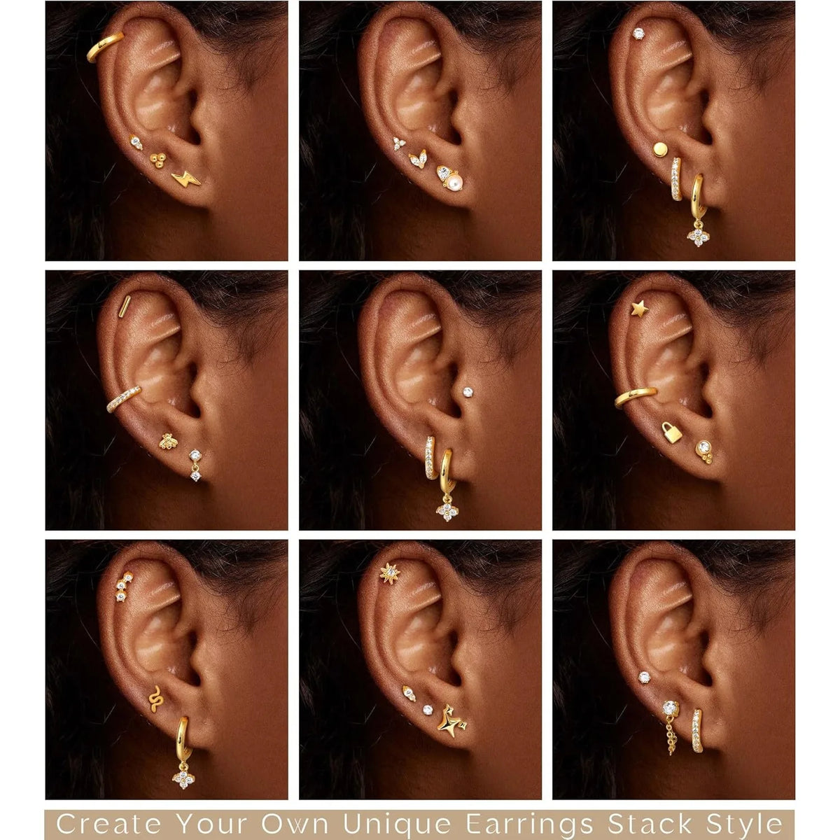 Collage of multiple ears wearing various gold earrings on a plain background.