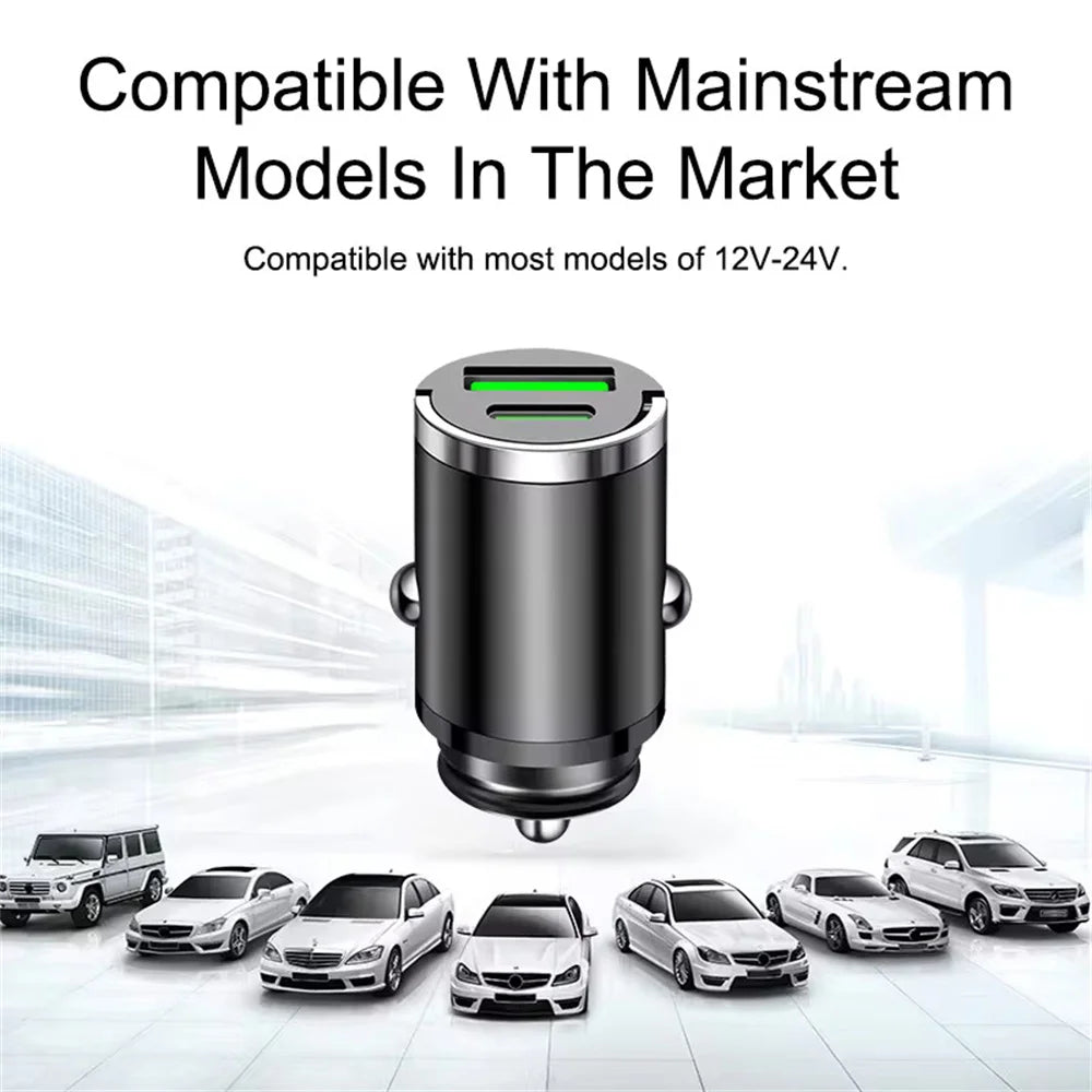 Car charger compatible with mainstream models in the market, displayed against a white background with cars below.