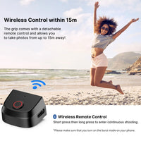 Wireless remote control with a beach scene.