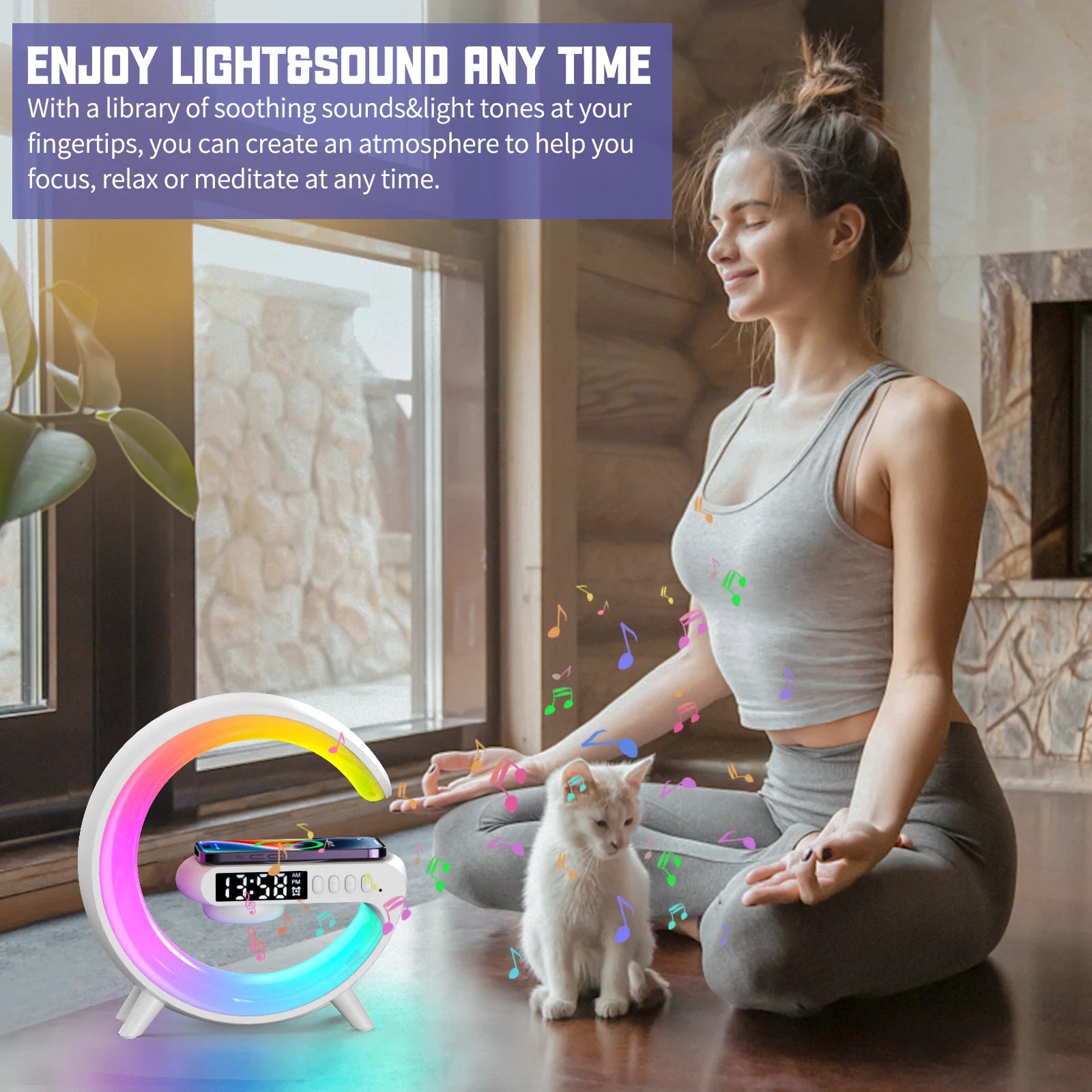 Woman meditating with a cat next to a colorful LED clock in a home setting.