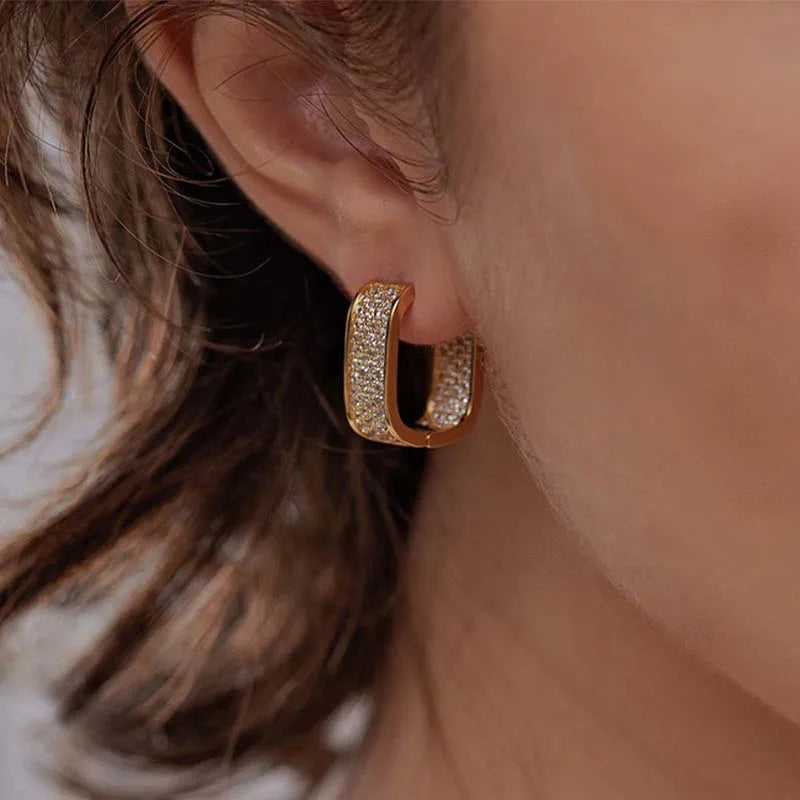 Close-up of a gold hoop earring worn by a person with brown hair.