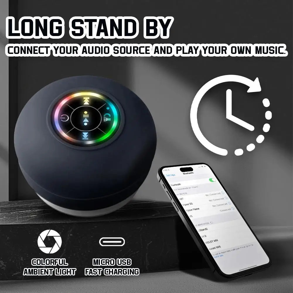 “Wireless Bluetooth shower speaker shown with smartphone connection.”