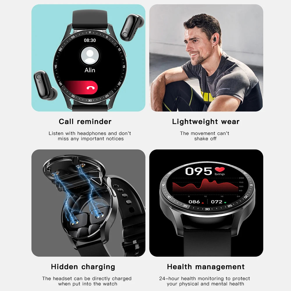Smartwatch with call reminder, lightweight wear, hidden charging, and health management features.