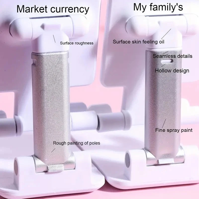 Two cosmetic bottles labeled 'Market currency' and 'My family's' with various qualities highlighted.