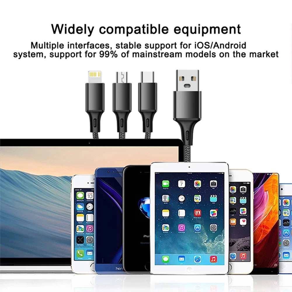 Set of electronic devices including smartphones, tablets, and a monitor with USB cables on a white background.