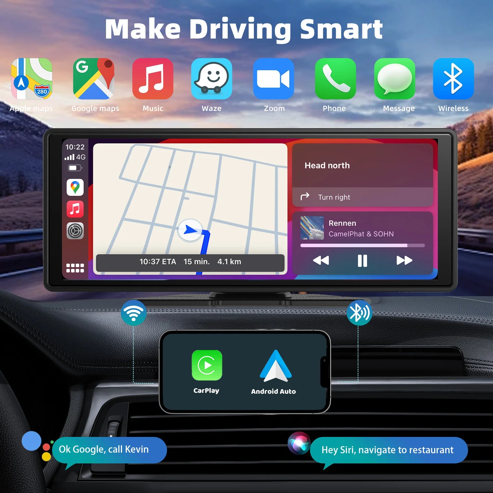 User holding smartphone near wireless CarPlay screen for easy connection – Lynda Kay’s Shop