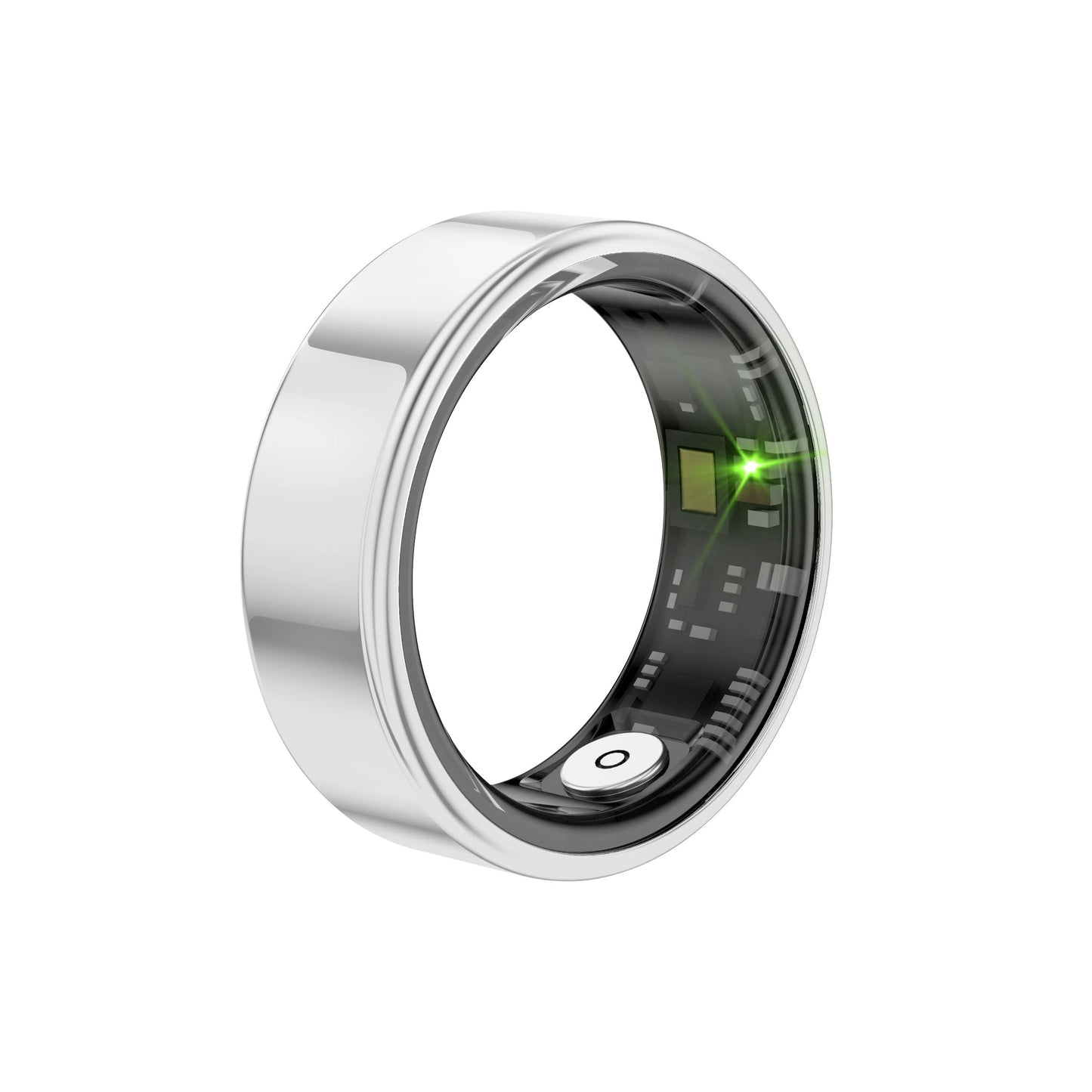 Silver smart ring featuring seamless design and biometric tracking technology.