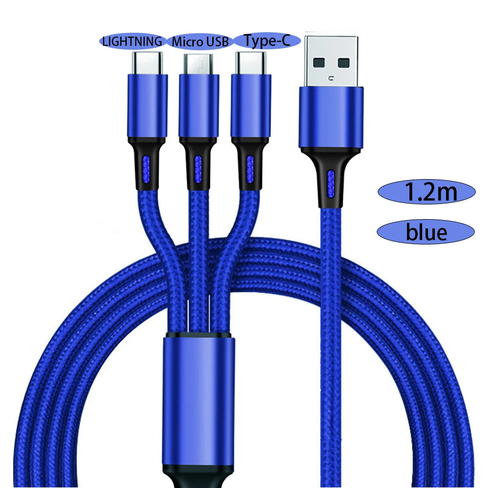 Blue USB cable with different connectors on a white background