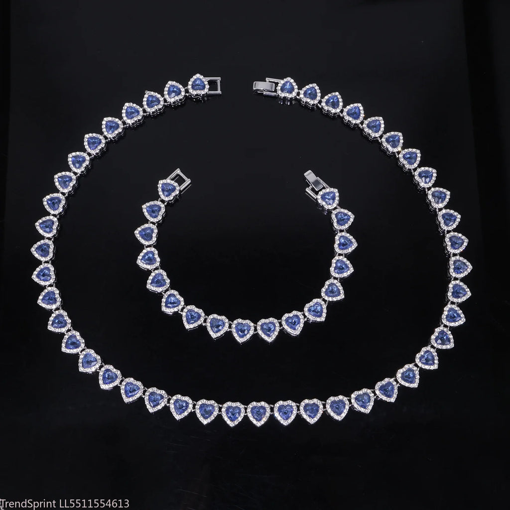 Blue heart rhinestone necklace and bracelet set