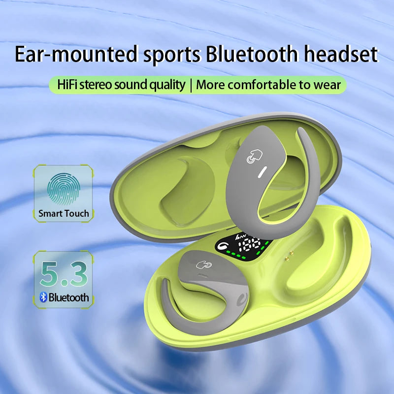 Ear-mounted sports Bluetooth headset with green and gray design on a blue swirling background