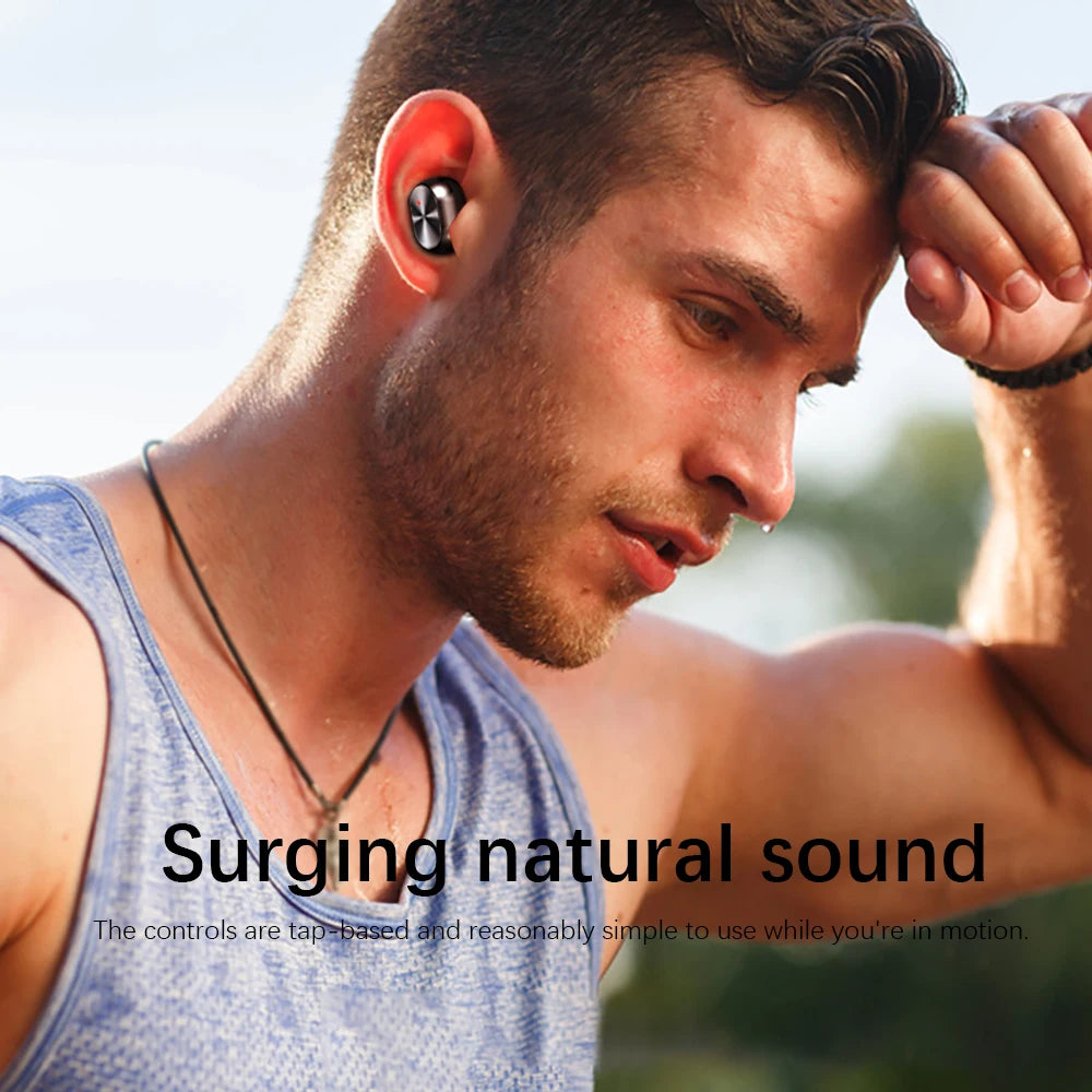 Man wearing wireless earbuds with text 'Surging natural sound' on a blurred outdoor background