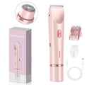 Rose gold dual-head shaver with packaging, attachments, and charging cable on a white background