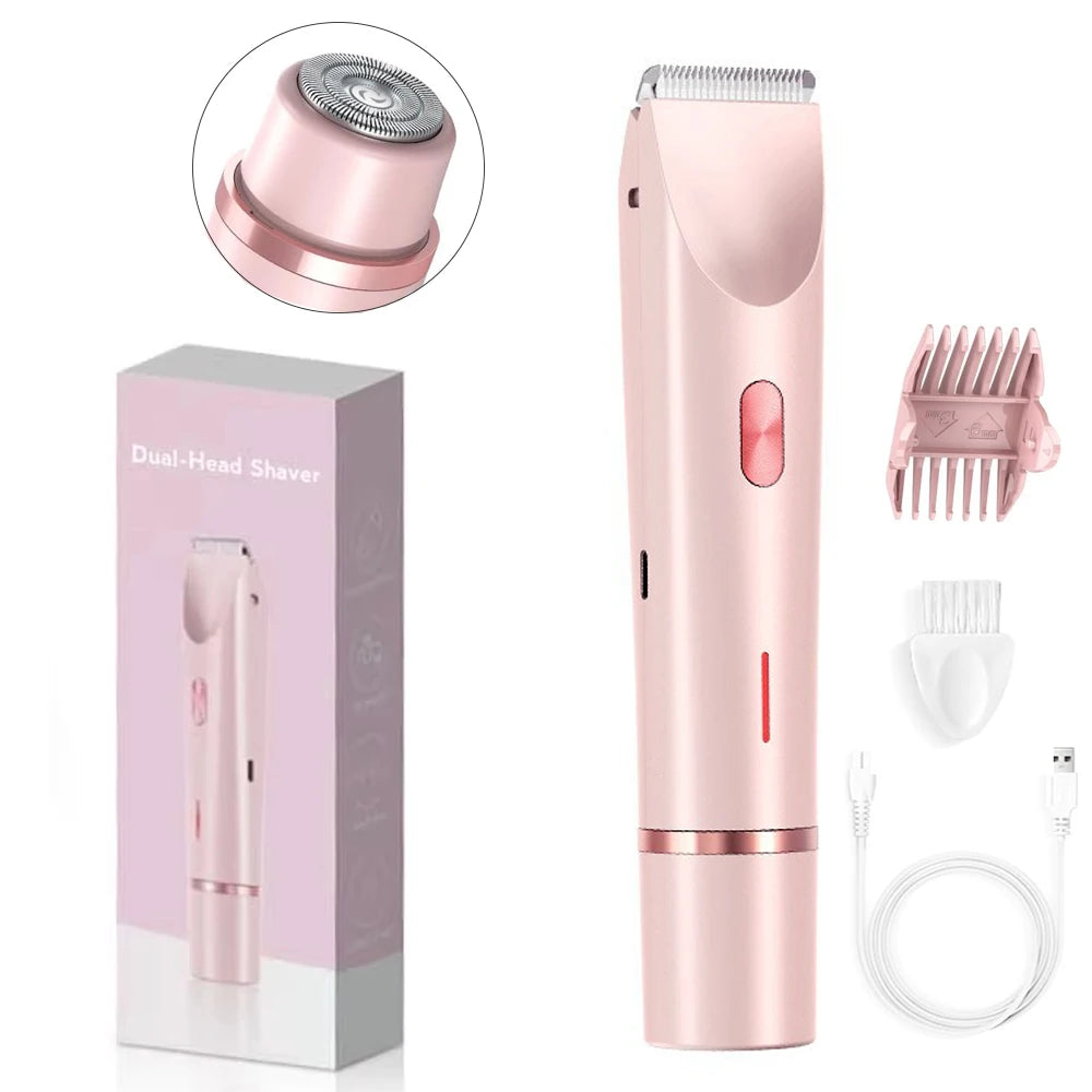Rose gold dual-head shaver with packaging, attachments, and charging cable on a white background