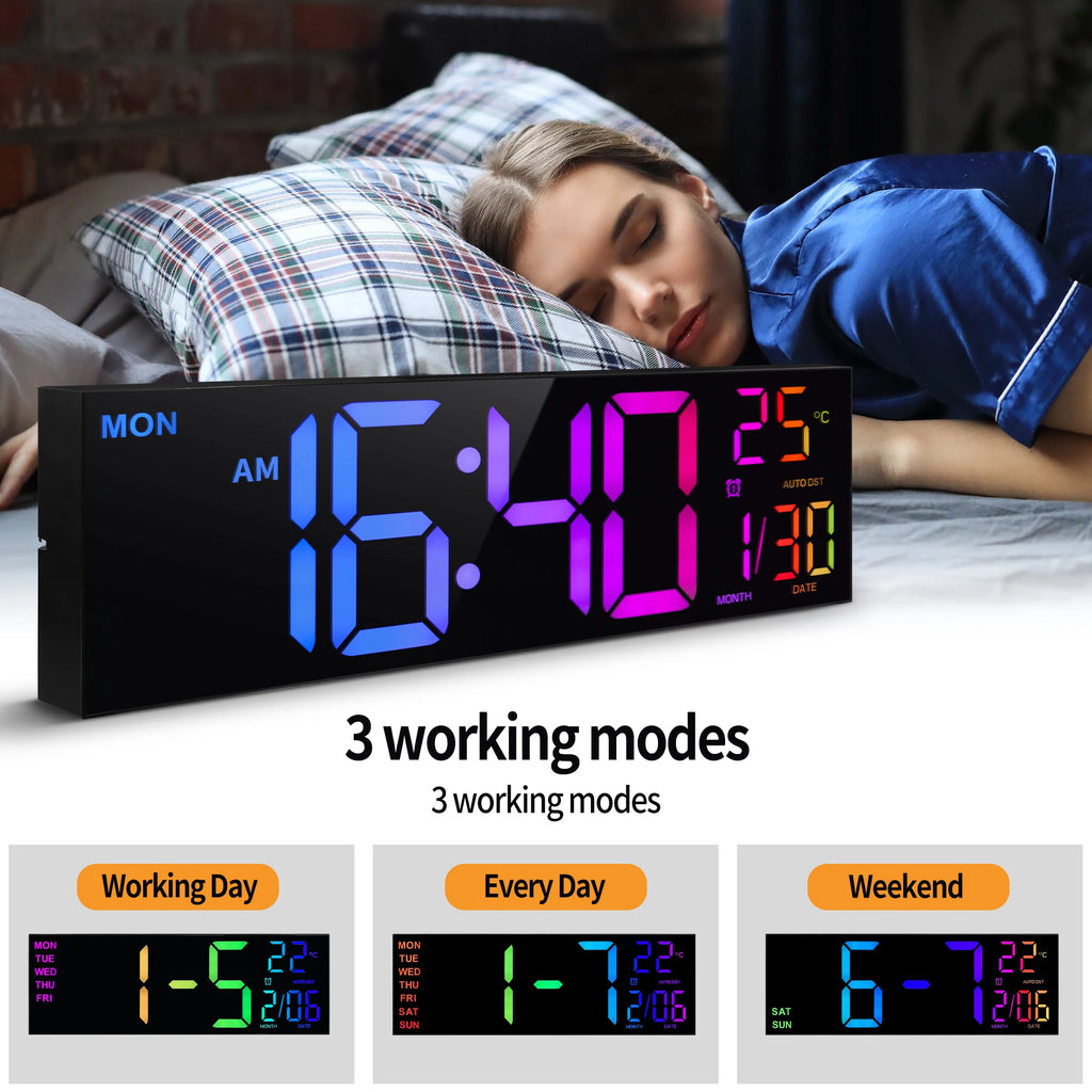 Digital clock displaying time and temperature with a woman lying in bed in the background.