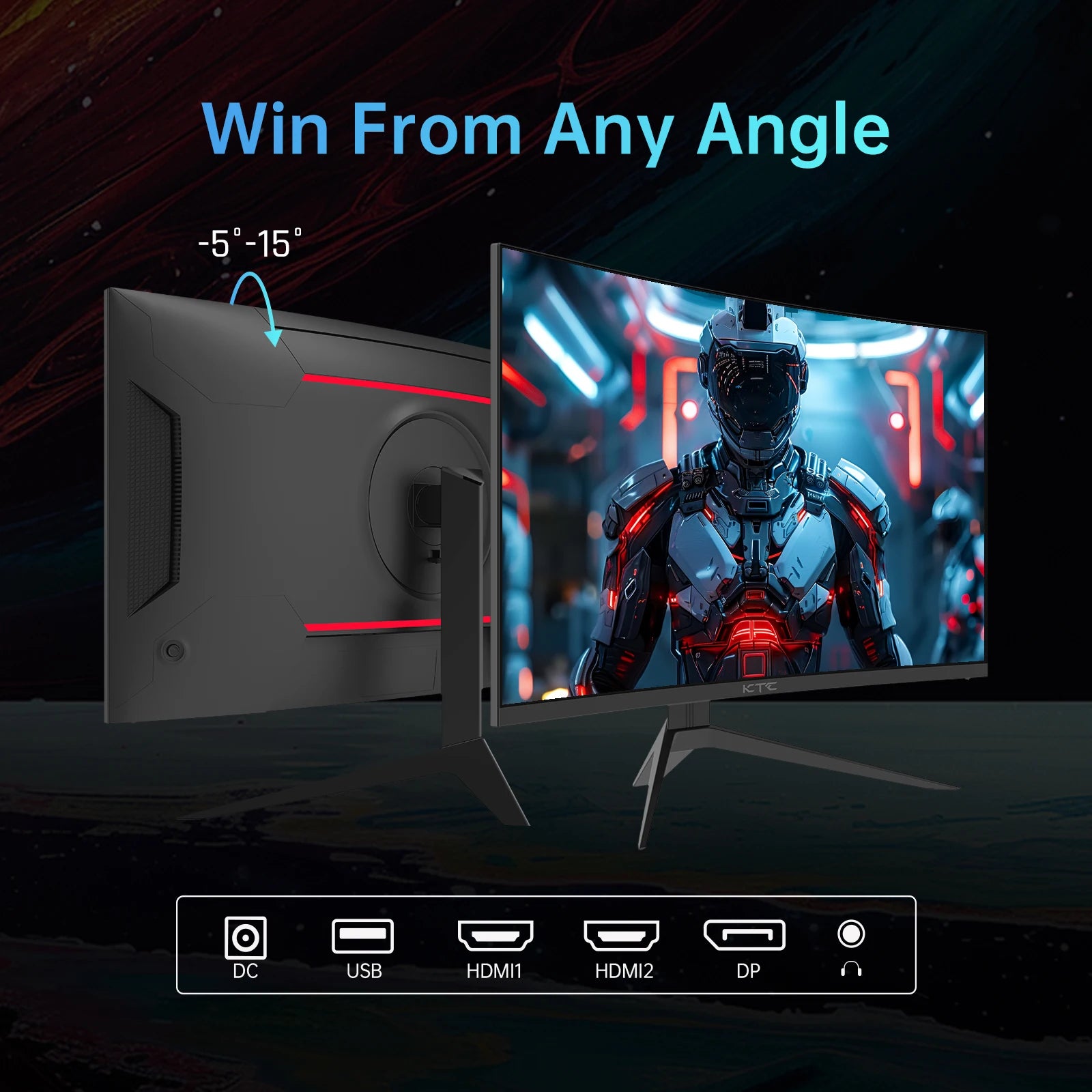 Gaming monitor with a futuristic character on the screen, showing connectivity options.