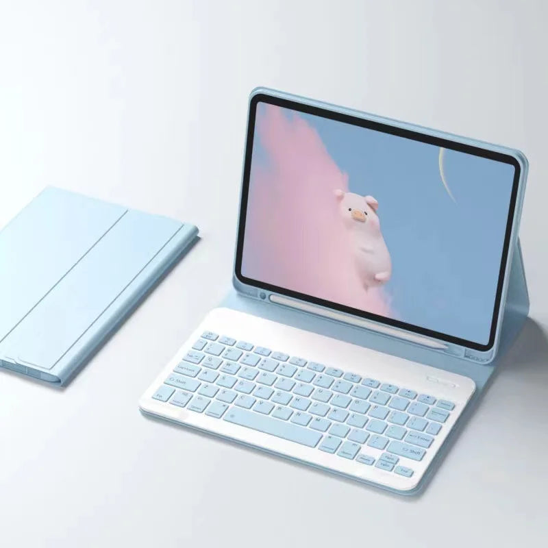 Blue magnetic iPad keyboard case with touchpad and multi-angle stand.