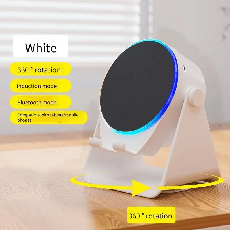 White electronic device with blue light on a wooden surface, featuring text about its features.