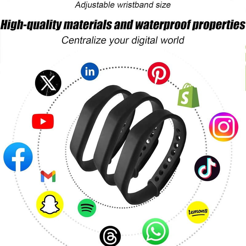 Black adjustable wristband with social media icons around it on a white background