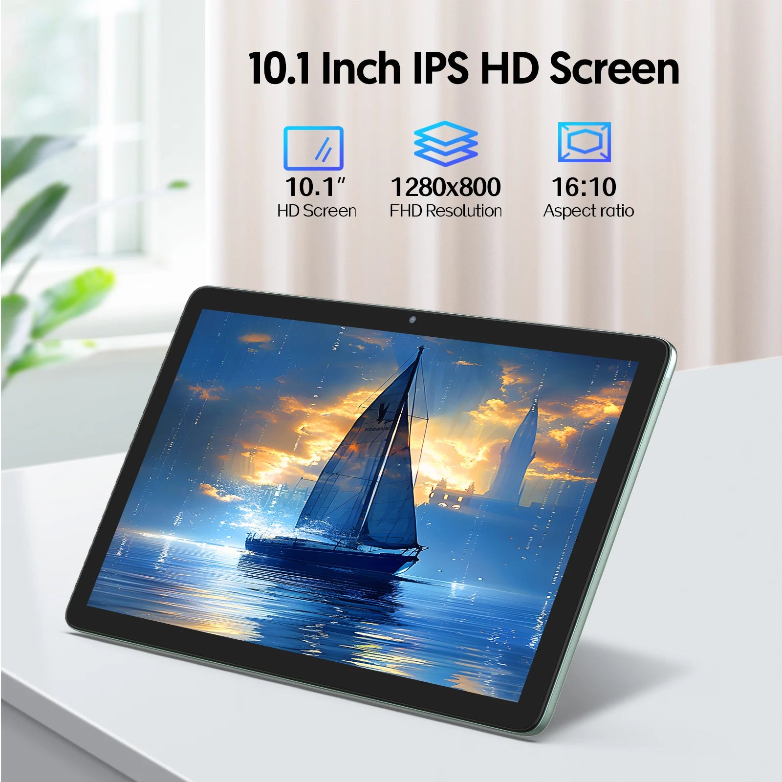 “10.1-inch HD Android tablet showing home screen”
