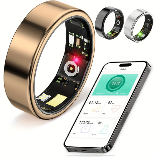 Smart health tracking ring in gold with mobile app display for sleep, heart rate, and fitness monitoring.