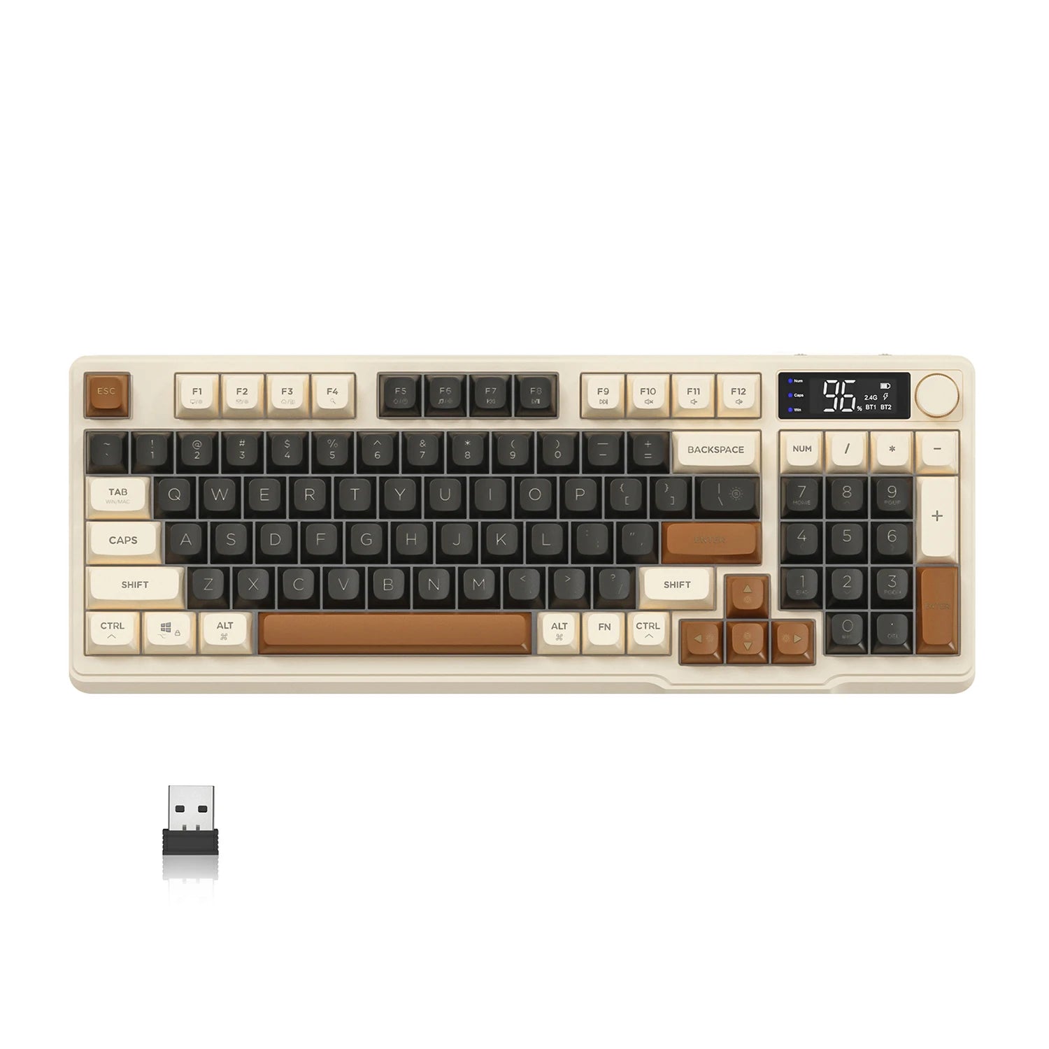 Mechanical keyboard with USB receiver on a white background