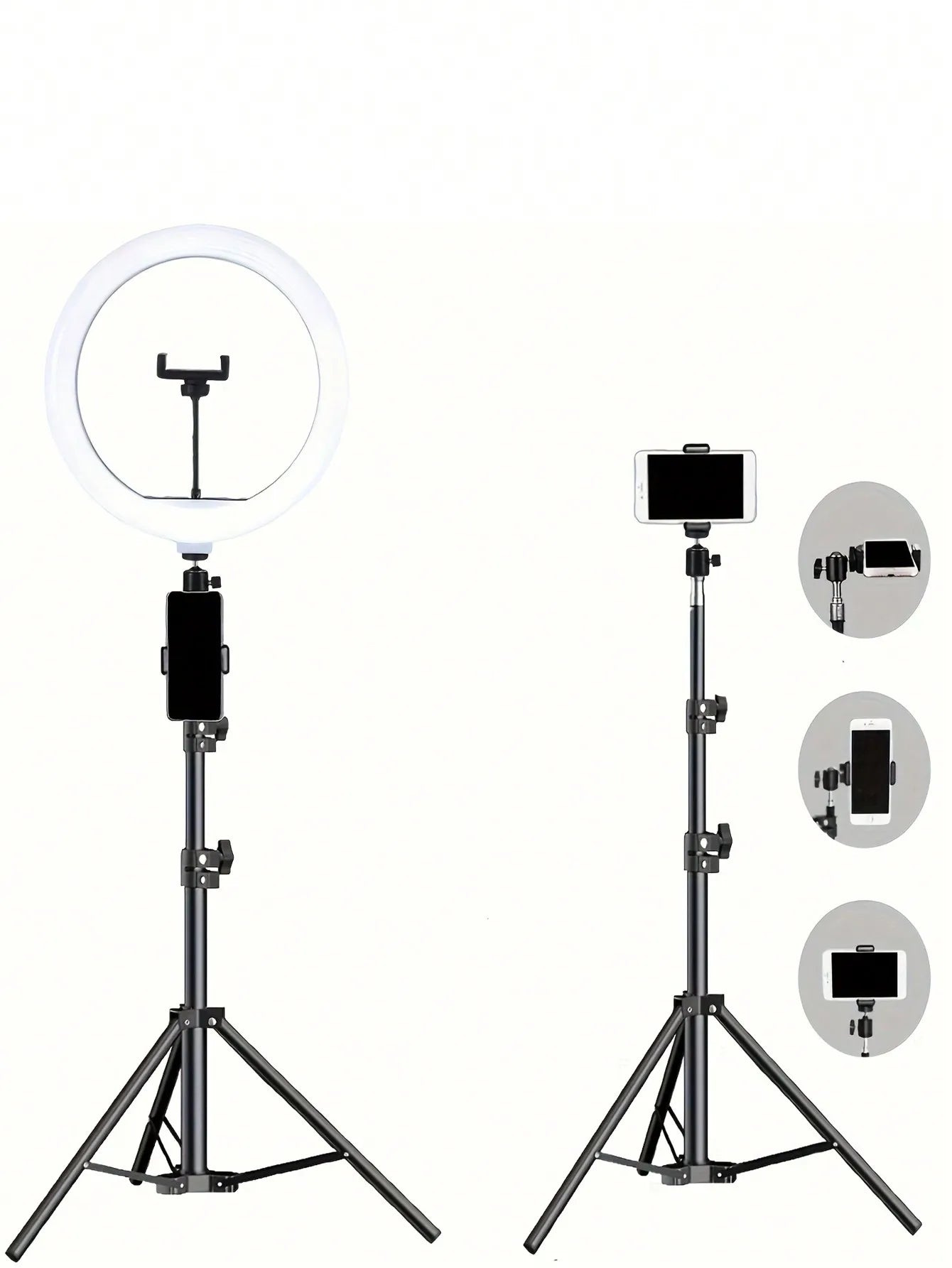 Ring light with stand and smartphone holder on a white background