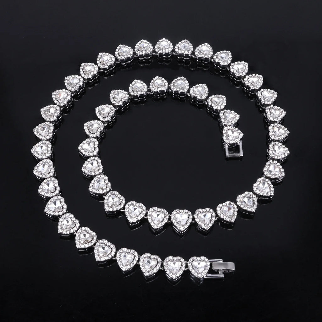 Silver-tone heart rhinestone necklace in a curved arrangement