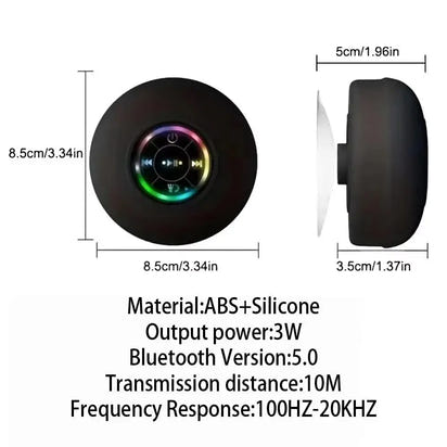 Black wireless speaker with dimensions and technical specifications on a white background
