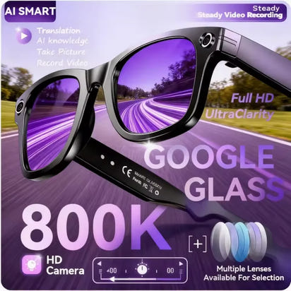 “Smart camera sunglasses with built-in HD camera lens in blue reflective design.”