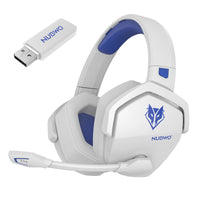 White wireless gaming headset with LED lights and cushioned ear cups.
