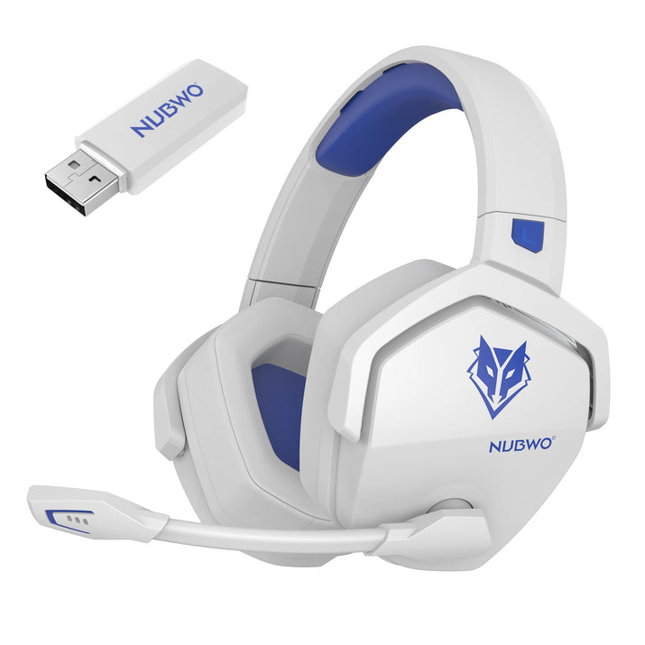 White wireless gaming headset with LED lights and cushioned ear cups.