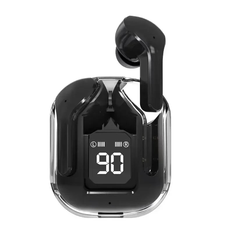 Black wireless earbuds with a digital display showing battery level on a white background