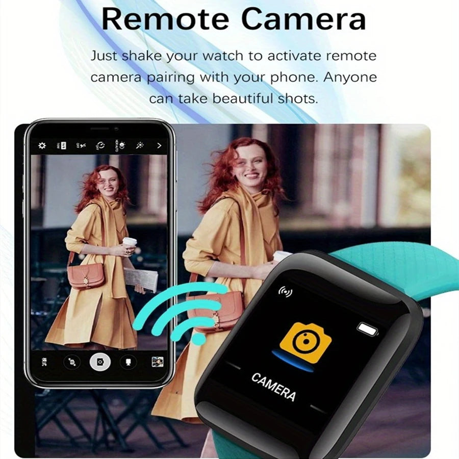 Smartwatch with remote camera feature displayed on a smartphone screen, showing a woman in a yellow coat.