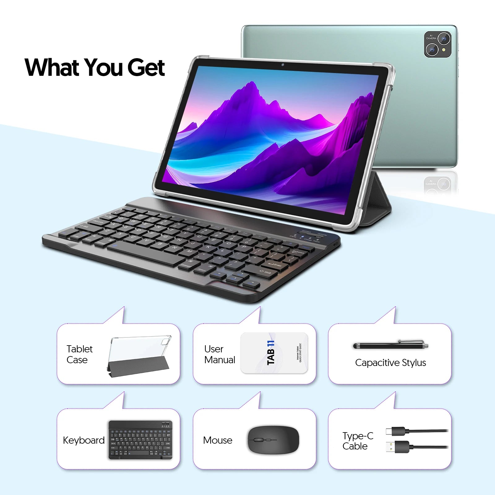 “Tablet bundle on desk with accessories and case”