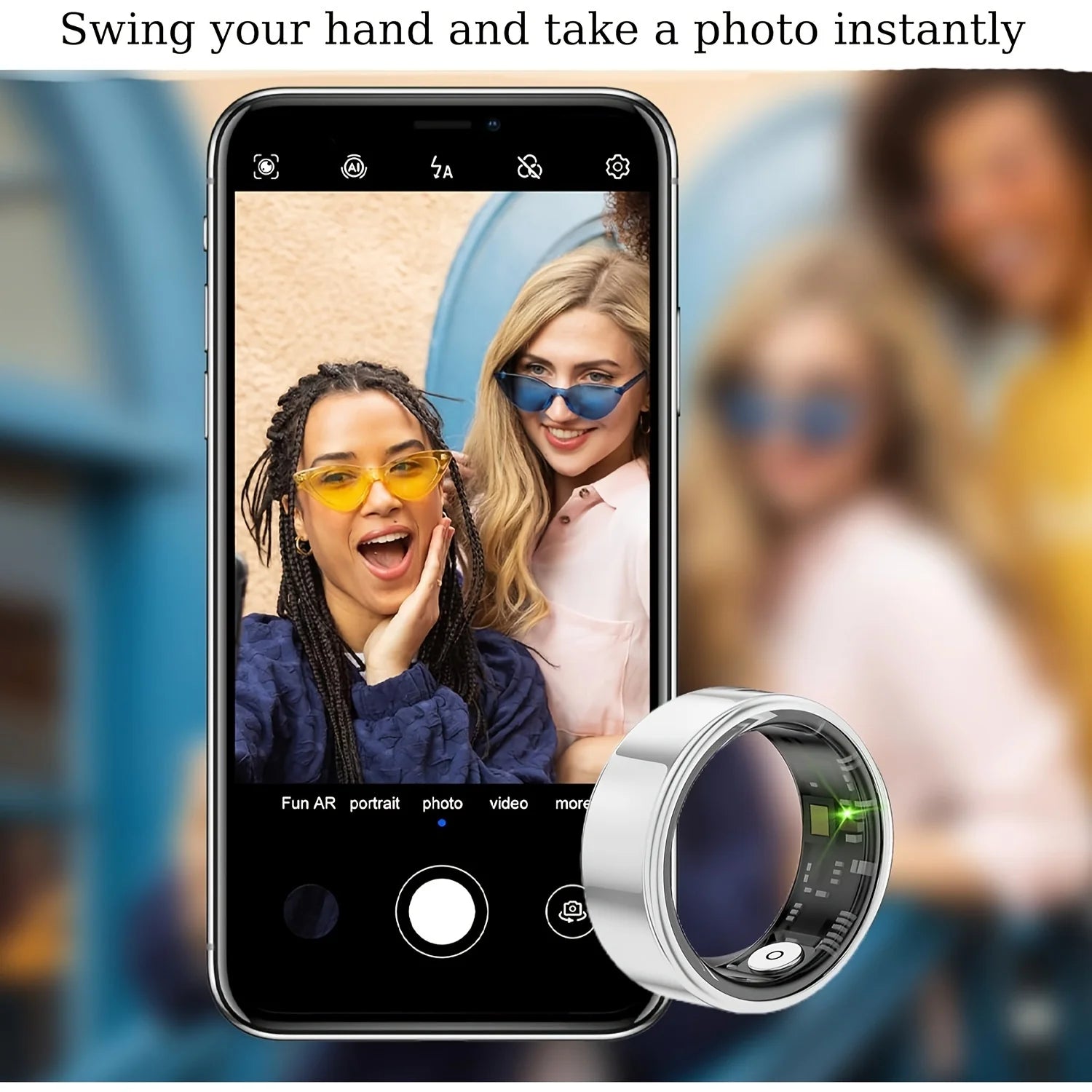 Lifestyle photo of person wearing smart ring outdoors