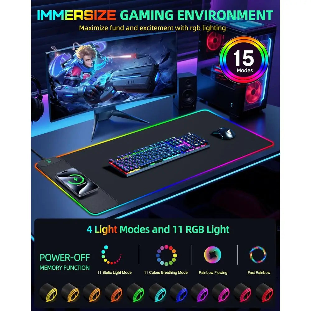 Gaming setup with RGB lighting on a desk, featuring a monitor, keyboard, mouse, and RGB lighting effects.