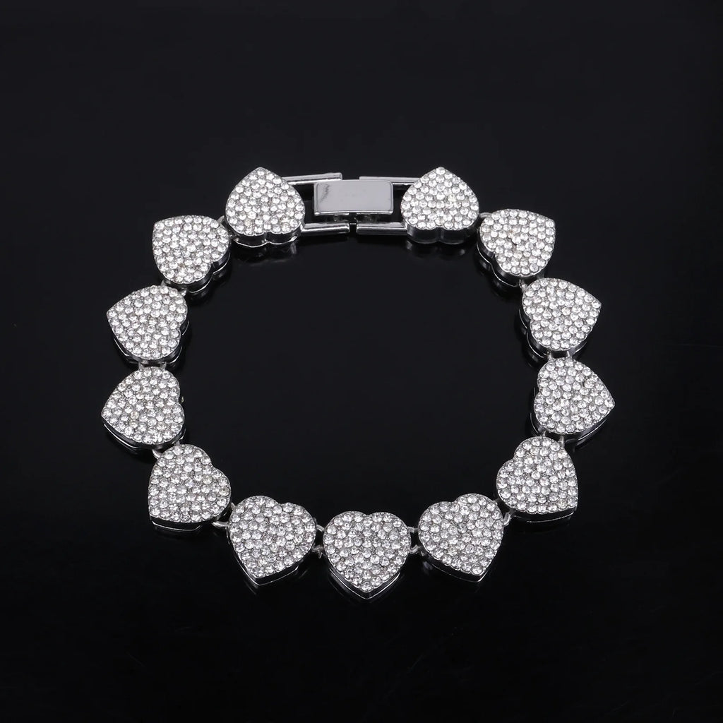 Silver-tone heart rhinestone bracelet with pavé hearts