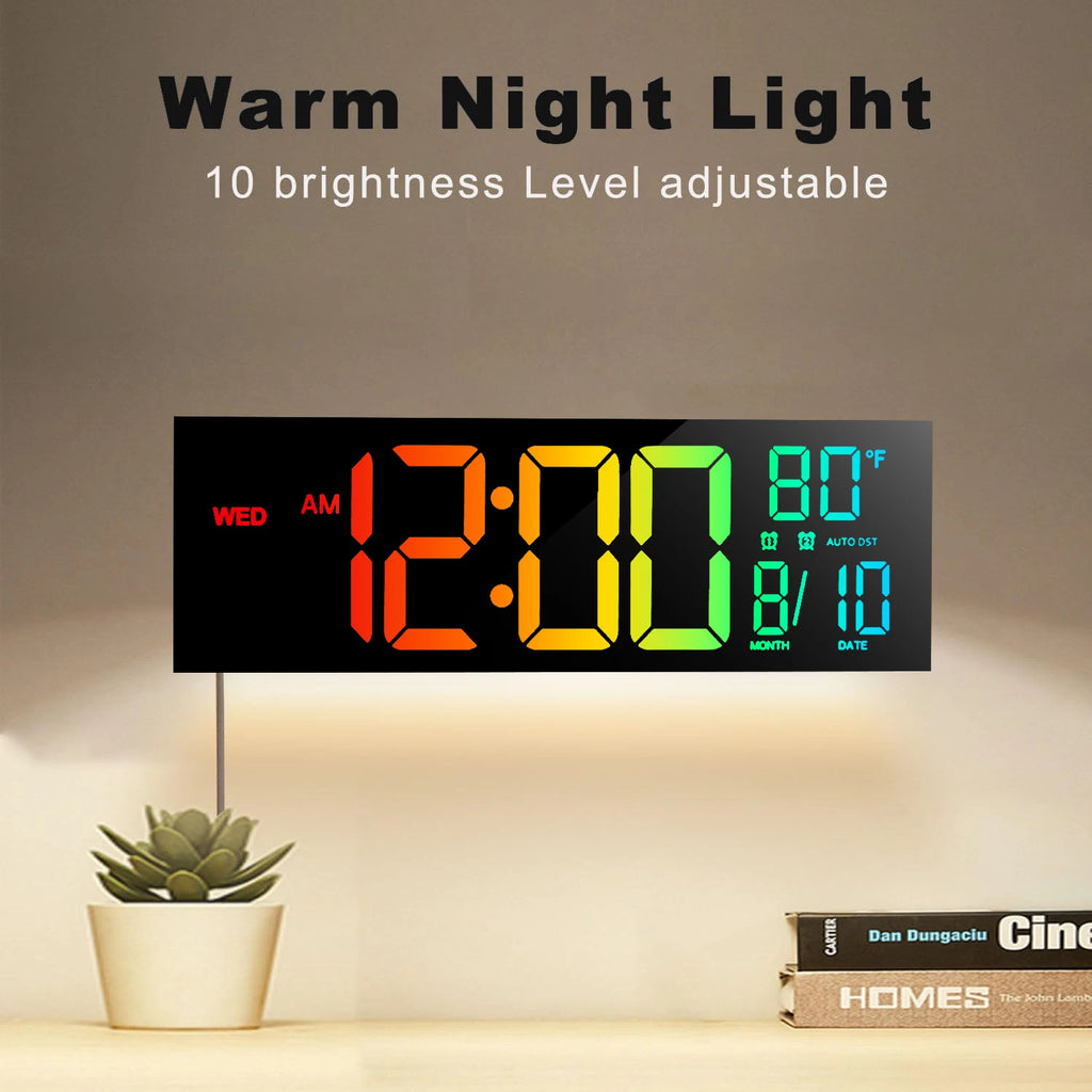 Digital clock with warm night light feature on a neutral background