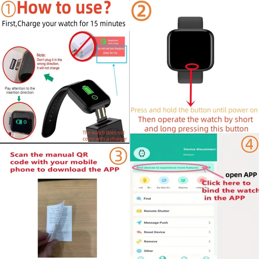 Instructions for using a smartwatch with charging cable and app download on a white background