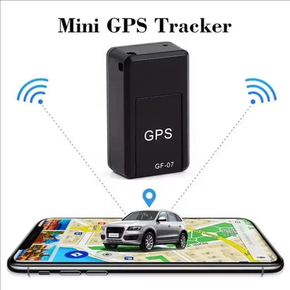 Mini GPS tracker with smartphone displaying a map and vehicle, on a white background