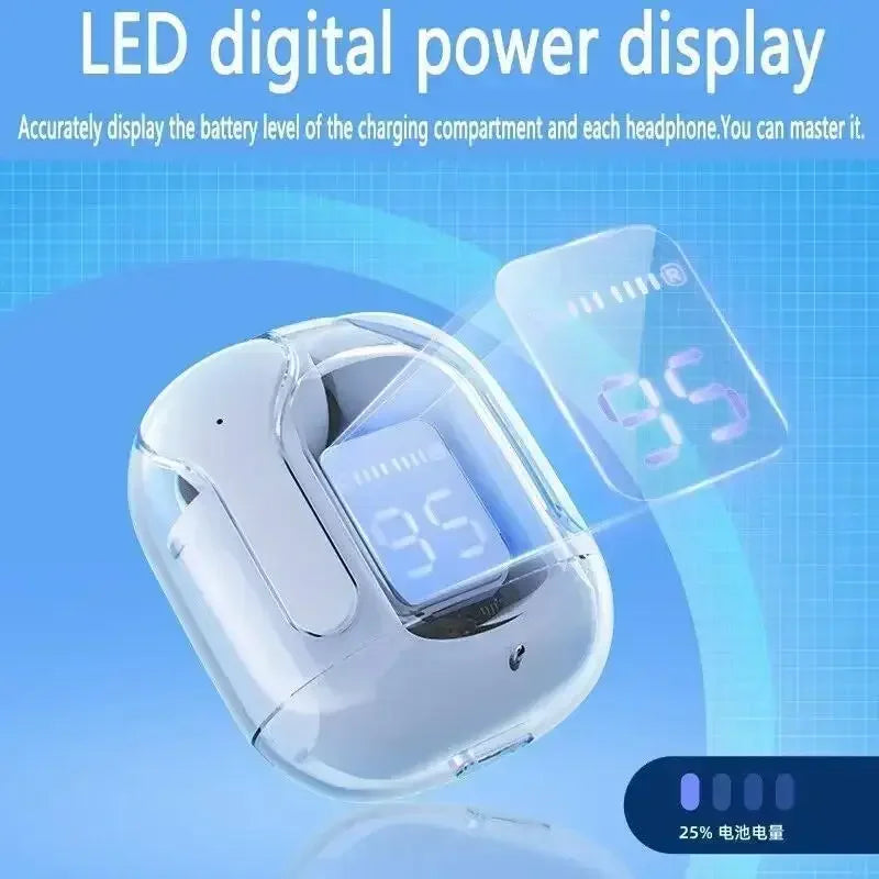 Wireless earbuds with LED digital power display on a blue background